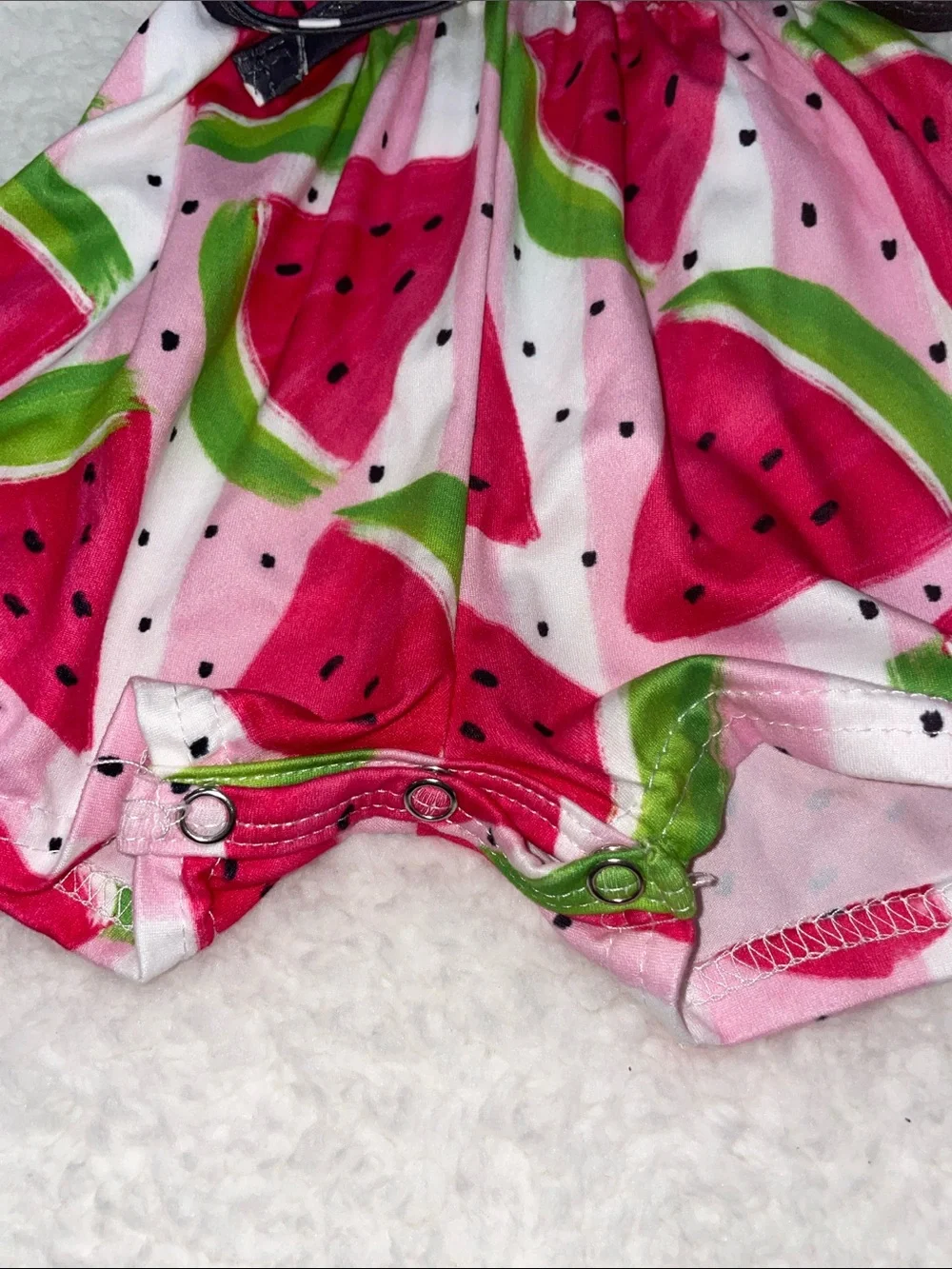 Pink Watermelon Print Romper with Polka Dot Trim